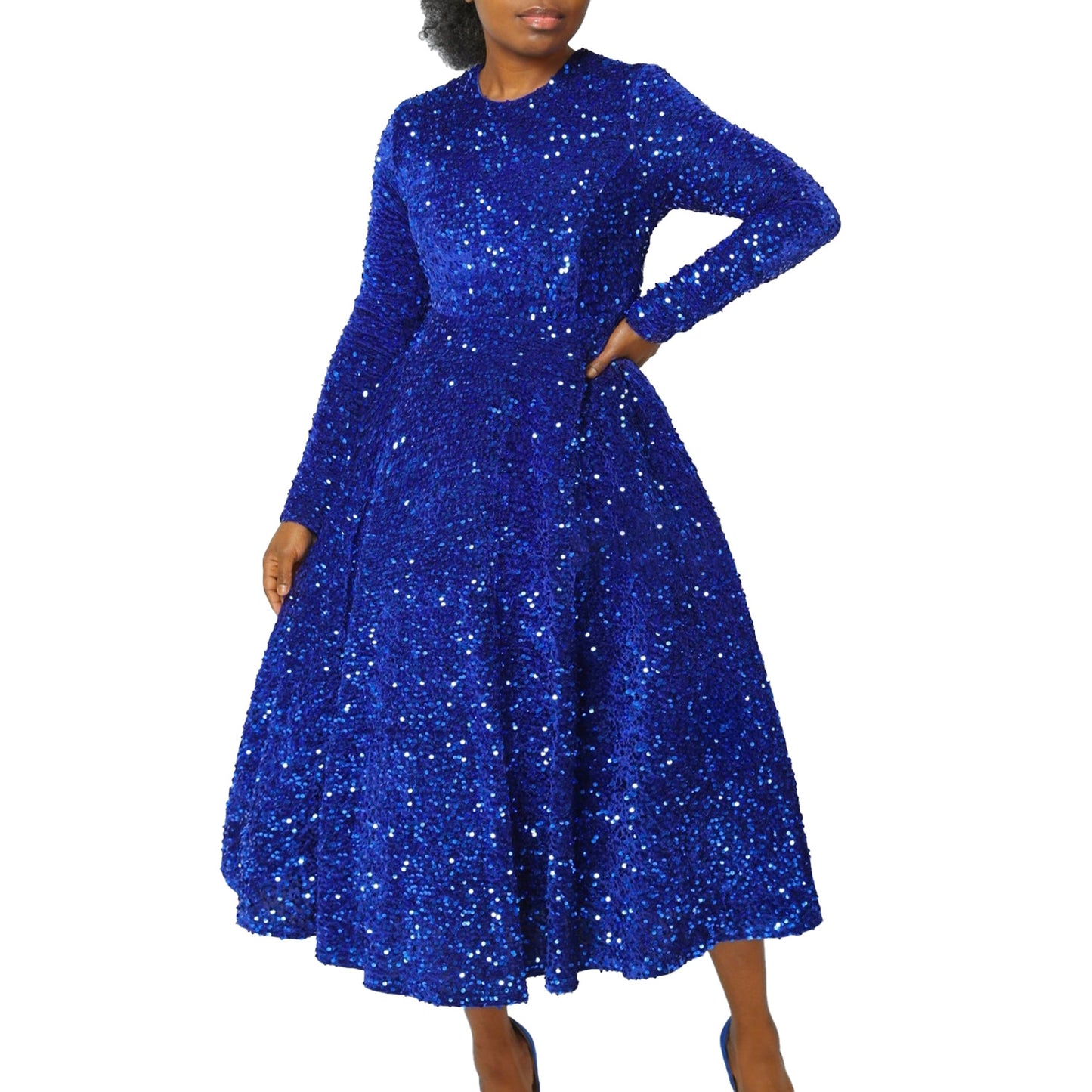 Fashion women's wear D469 Cross-Border New Arrival Women's round Neck Long Sleeve Pure Color Sequins High Waist Temperament Mid-Length Formal Dress European and American Style Dress
