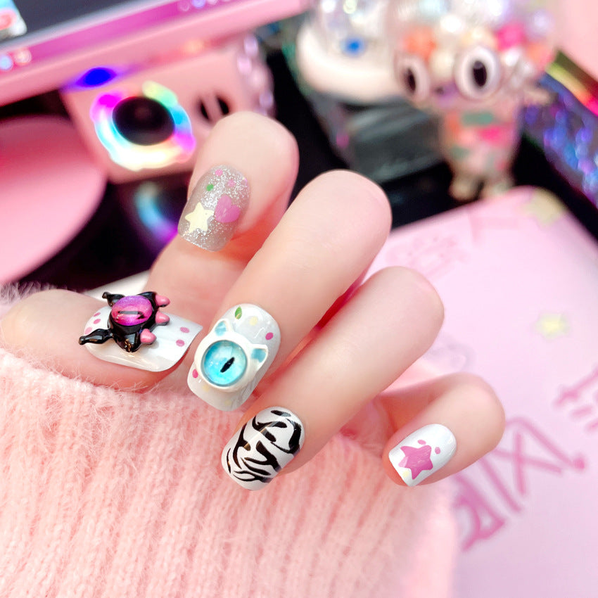 Fashion  nail Dopamine Manicure Little Monster Little Devil Short Cute Devil's Eye Cartoon Wear Nail Sweet Cool Hot Girl A57