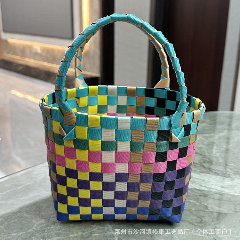 Dopamine Bag Free shipping Tattoo Cartoon dopamine plastic woven bag, trendy macaron hand-woven vegetable basket bag, cute casual seaside beach bag