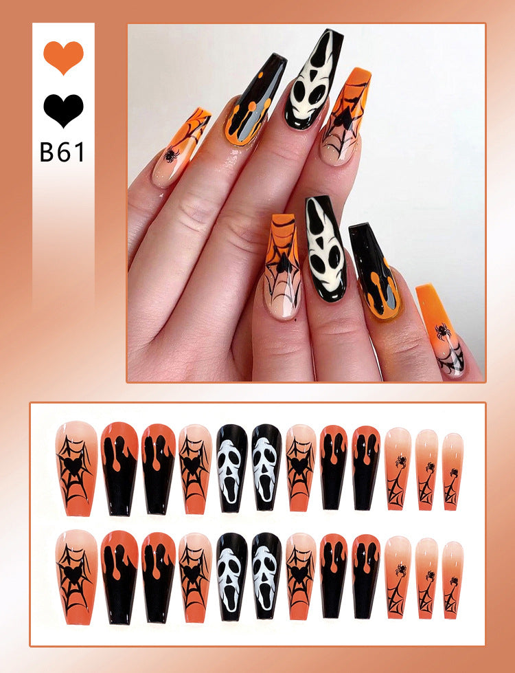 Fashion  nail Cross-Border Halloween Wear Armor Ghost Skull Pumpkin Bat Long 24 Pieces Fake Nail Patch Nail Sticker Wholesale
