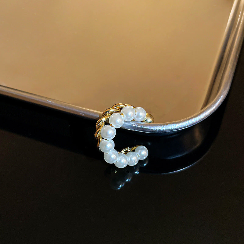 真金电镀银针珍珠麻花双层耳环法式复古无耳洞耳骨夹简约百搭耳饰