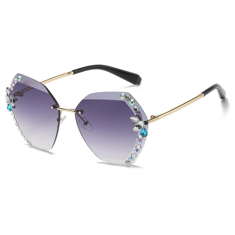 Women's fashion glasses 跨境新款水钻墨镜女显瘦无框切边太阳镜网红潮款防紫外线韩版眼镜