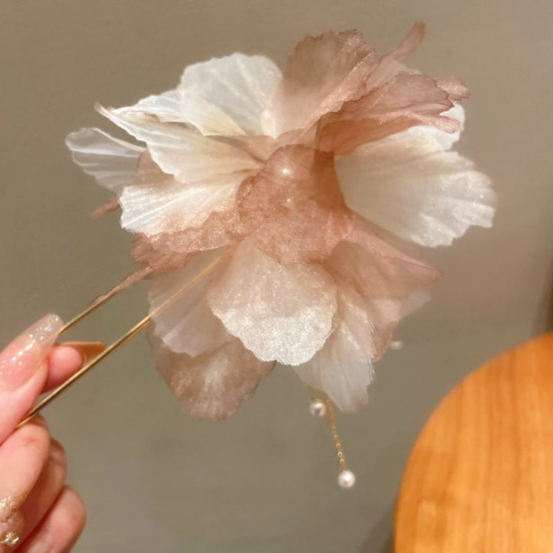 头饰发簪布艺珍珠流苏花朵发簪森系甜美气质盘发发杈古风时尚百搭发饰批发