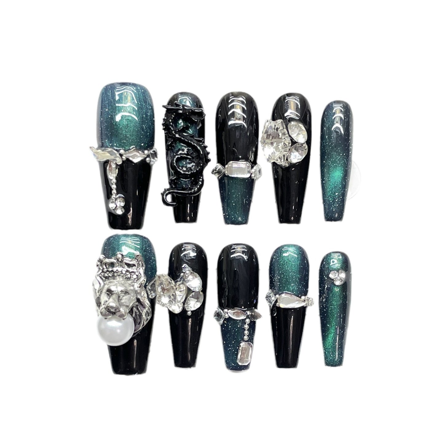 (reusable nail)Dragon Lion Cat Eye Dark Wind High Grade Black Green Cat Eye Wearing Armor Light Luxury Explosive Sparkling Long Style Diamond Nail Patch Wholesale