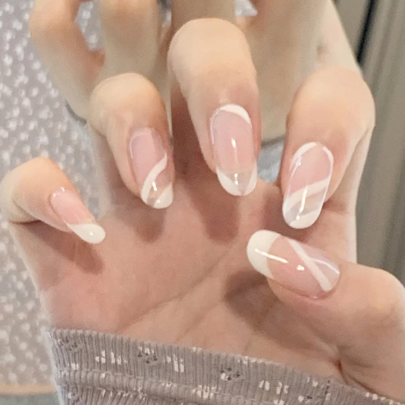 白色极简线条法式甲片美甲贴片假片穿戴甲假指甲美甲成品指甲贴片