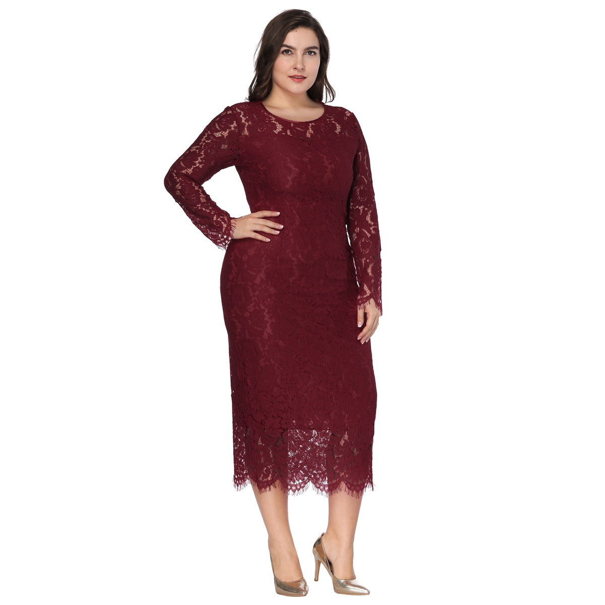 Fashion women's wear  Cross Border plus Size Foreign Trade Women's Clothing Popular Long Sleeve Lace Slim Dress Dress