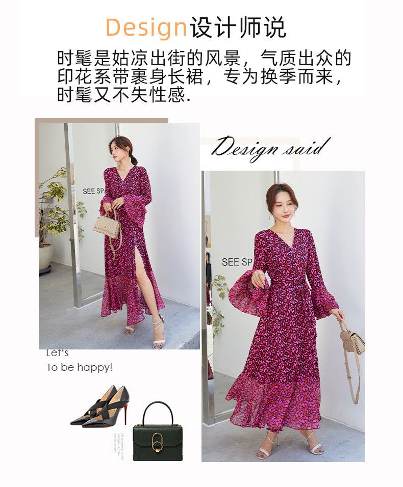 Fashion women's wear Small Red Lip Lantern Sleeve Collarless Long Dress One-Piece Elegant New Leopard Print Printed V-neck Lace-up Wrap Skirt