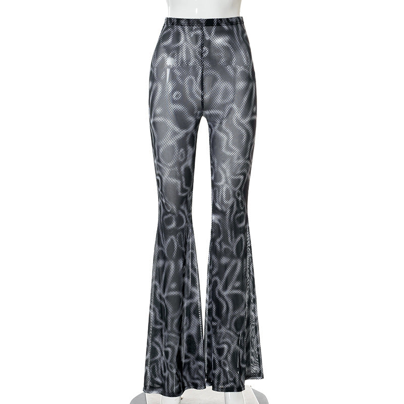 Fashion women's wear Q21pt540 Cross-Border Autumn New Printed High Waist Voile Micro Transparent Fashion Casual Women's Long Bell-Bottom Trousers