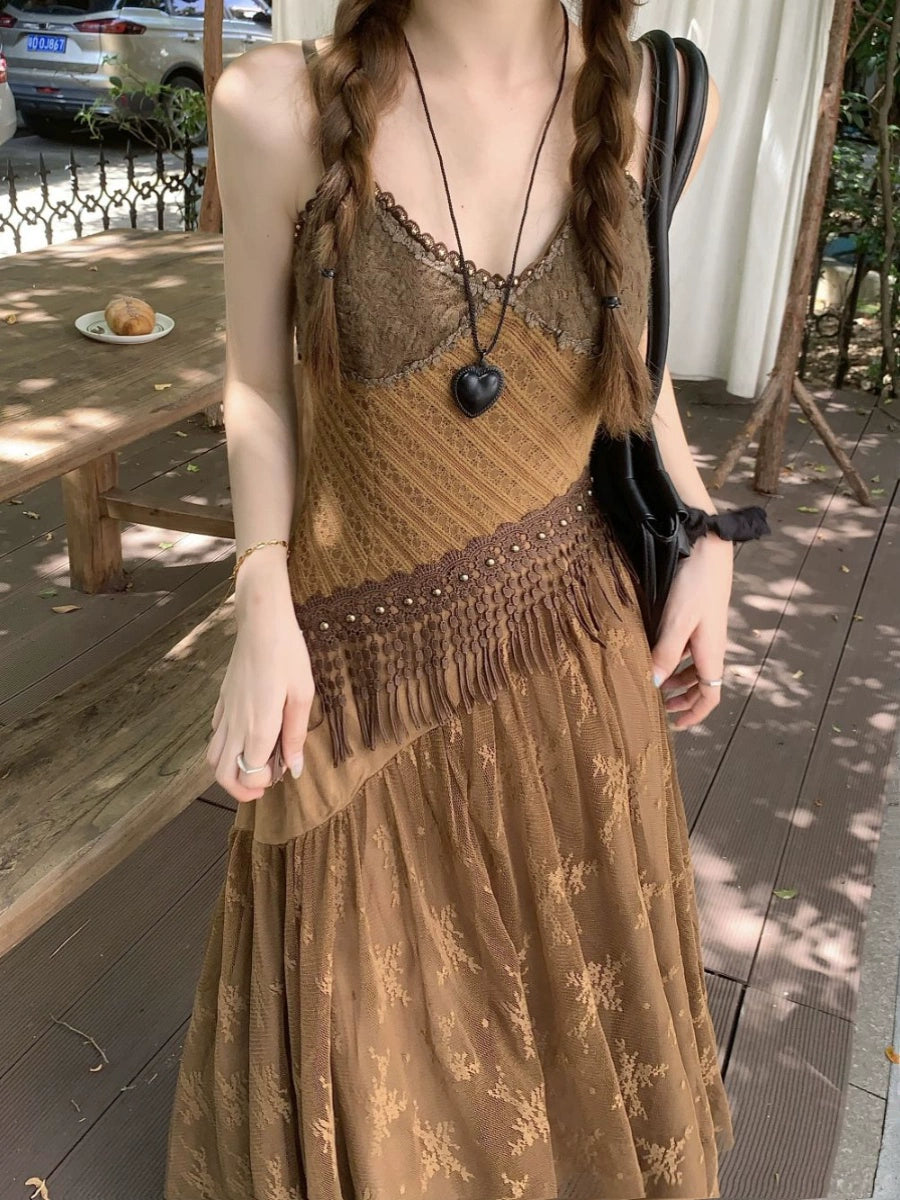 Fashion women's wear New Chinese Retro Heavy Industry Color Matching Sling Dress Female Spring 2024 New Holiday Slimming Elegant Long Dress