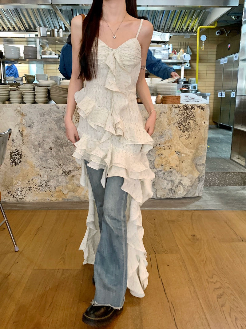 Fashion women's wear Tea Break French Irregular Ruffled Floral Strap Dress Women's Summer High-Grade Sense Beautiful Seaside Vacation Dress