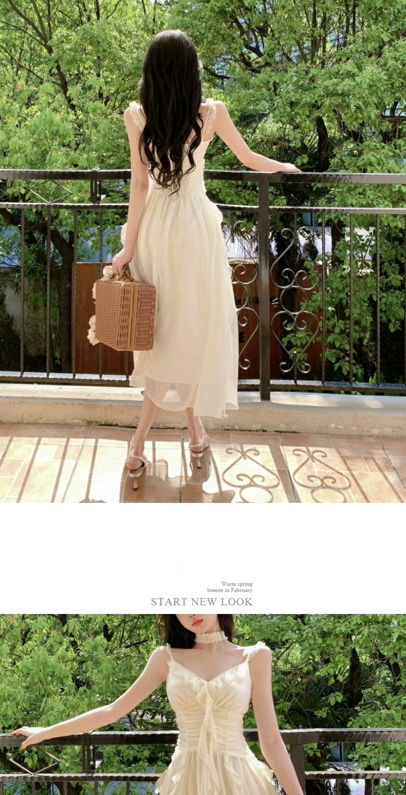 Fashion women's wear French Pure Desire Sexy White Ruffled Chiffon Sling Dress Fairy Seaside Vacation Escape Princess Long Dress