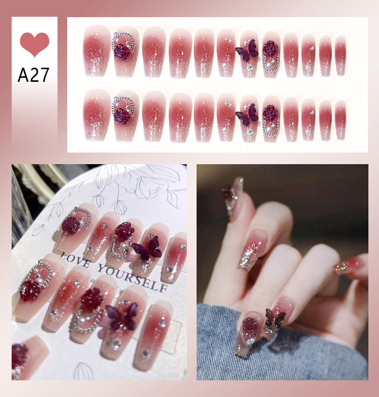 Fashion  nail Handmade Wear Nail Wholesale Internet Hot Diamond in the Debris Butterfly Glitter Nail Tips Finished Product Nail Patch Jelly Glue