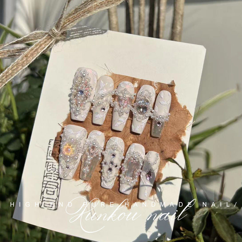 (Hand-Made Nail) Pure Hand-Wear Nail Manicure Light Luxury Flash Fairy Princess Internet Influencer Pearl Pure Desire Ins Hand-Painted Detachable