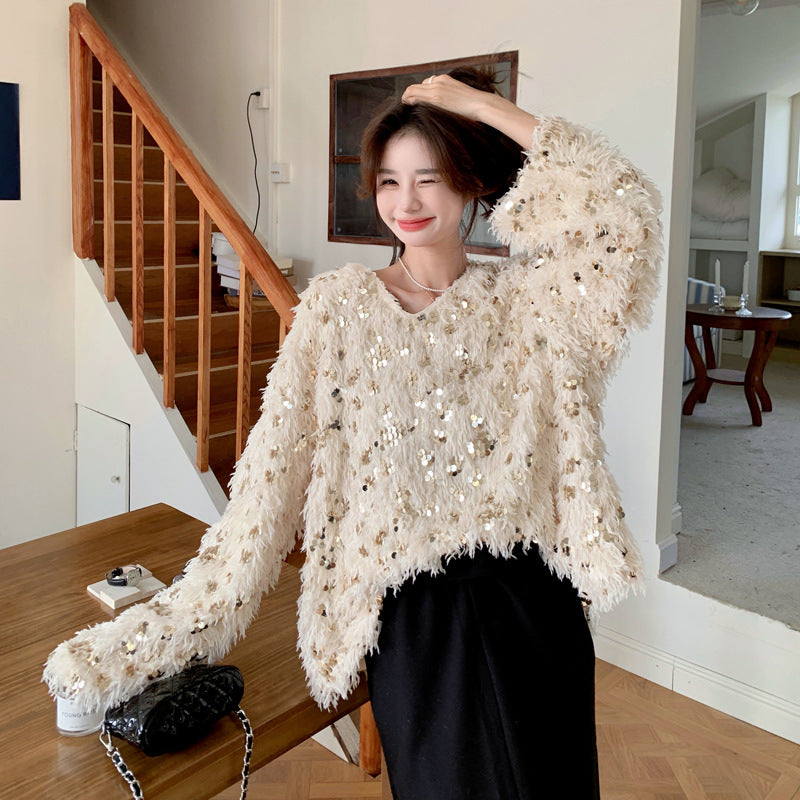 Fashion women's wear Real Shot Shiny Annual Meeting Festival Atmosphere Handmade Sequined Feather V-neck Sweater Spring Inner Wear Sweet Dress