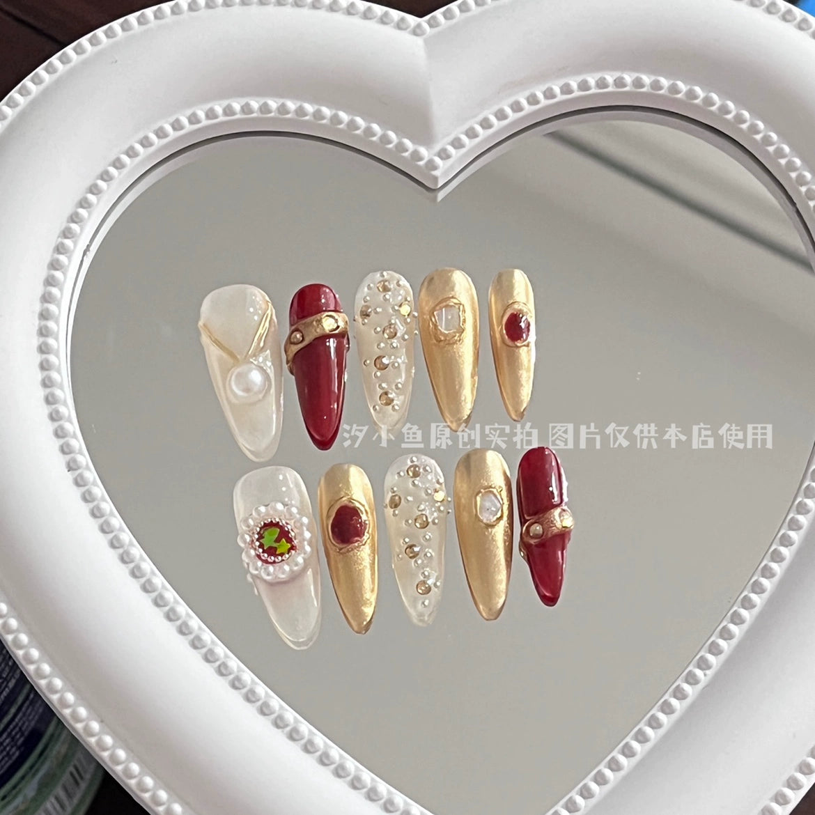 [Paper Drunk Gold Fan] Manicure Fake Nails Honey Lotus Same Gem Baroque High-Grade Red Light Luxury High-End