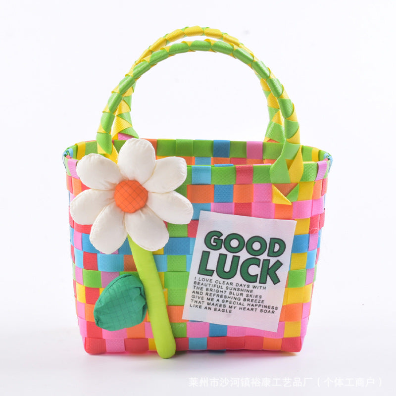 Dopamine Bag Free shipping Tattoo Cartoon dopamine plastic woven bag, trendy macaron hand-woven vegetable basket bag, cute casual seaside beach bag