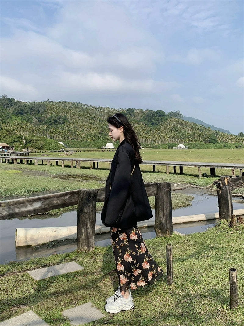 Fashion women's wear Tea Break French Floral Strap Dress Women's Summer Small Flounced Sleeve Tight Waist Fishtail Hip Skirt Seaside Holiday Beach Skirt