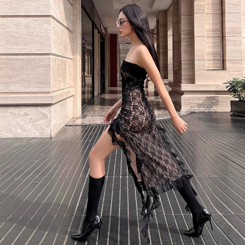 Fashion women's wear Sexy Black Lace Tube Top Dress 2024 Spring and Summer New Hot Girl Slim Slimming Sheath Slit Midi Skirt