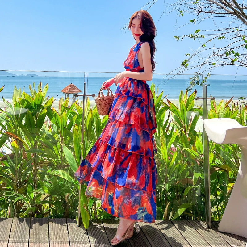 Fashion women's wear Chiffon Sling Dress Women's Summer Waist Slimming Sanya Travel Seaside Vacation Beach Dress Super Fairy Backless