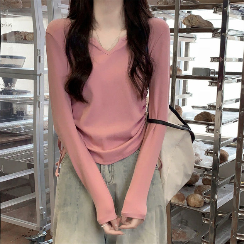 Dopamine tops Free shipping Tattoo V-neck drawstring niche slim long-sleeved T-shirt women's autumn slim-fit design chic short top with bottoming shirt