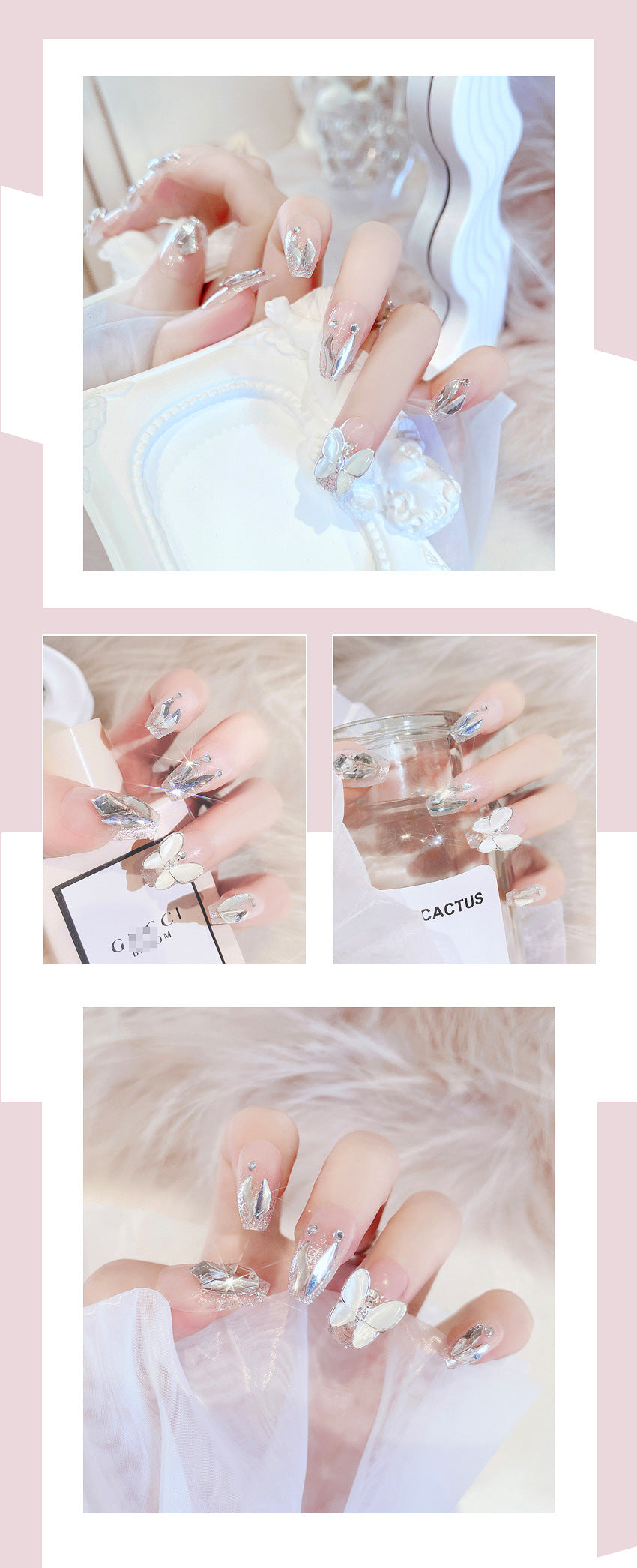 Fashion  nail Internet Celebrity Wear Nail Pure Desire Rhinestone Fake Nail Patch White Advanced Butterfly Nail Stickers Removable Finished Product X81