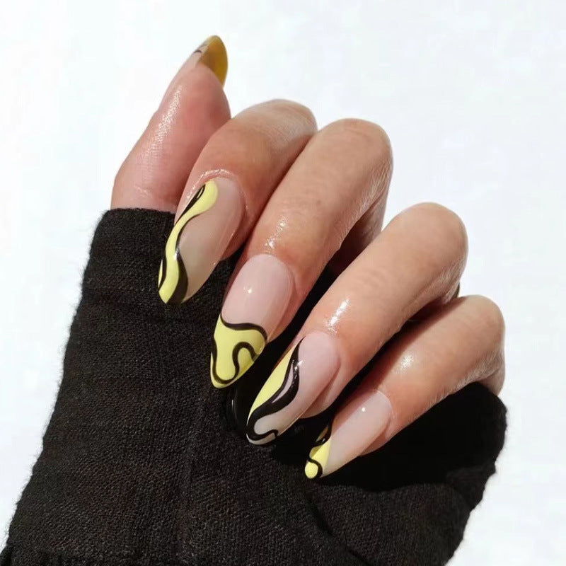 黄黑线条穿戴甲不规则nails 跨境美甲片外贸假指甲杏仁甲美甲贴片