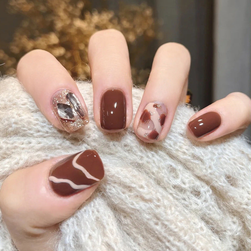 Fashion  nail Autumn and Winter Style Simple Rhinestone Milk Coffee Finished Nail Beauty Short Wear Fake Nails Detachable Nail Tip Wear Armor X95