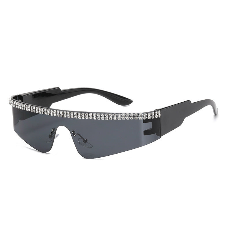 Women's fashion glasses 2023跨境爆款一体太阳镜 欧美个性镶钻连体骑行眼镜 嘻哈运动墨镜