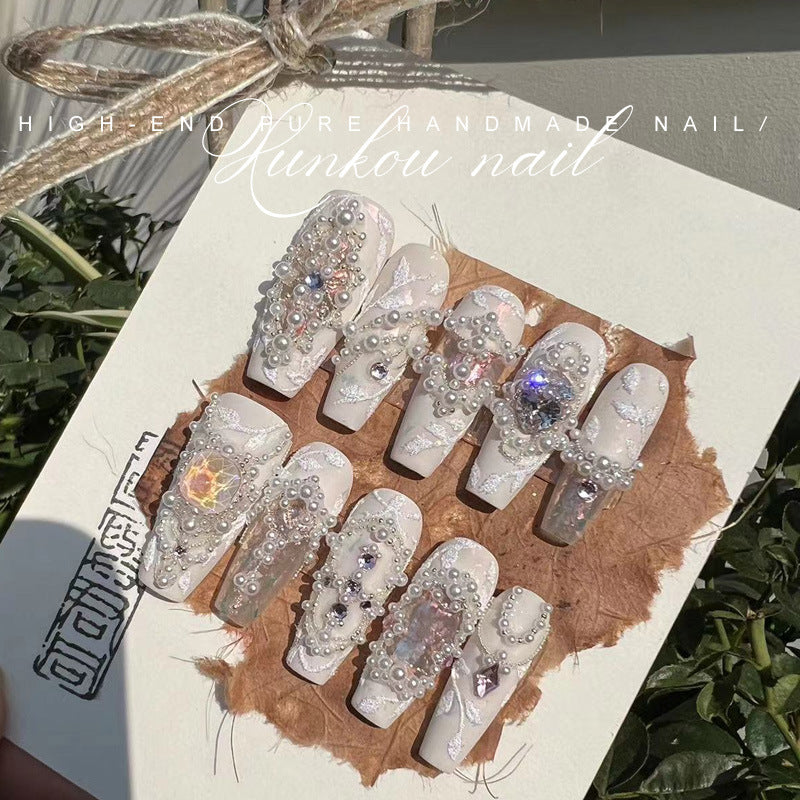 (Hand-Made Nail) Pure Hand-Wear Nail Manicure Light Luxury Flash Fairy Princess Internet Influencer Pearl Pure Desire Ins Hand-Painted Detachable