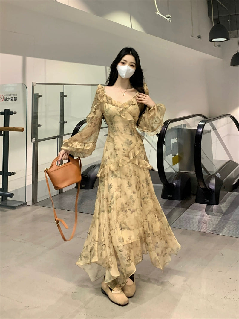 Fashion women's wear French Style Beautiful Yellow Floral Dress Spring plus Size Plump Girls Slimming Fairy Long Dress Style Skirt