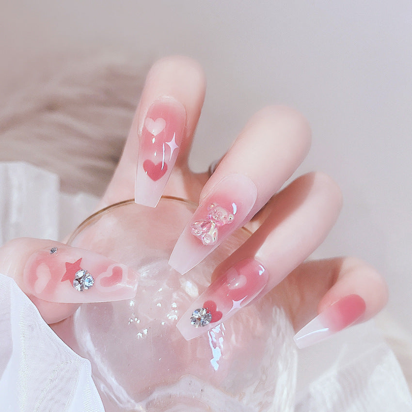 Fashion  nail New Bear Peach Heart Cute Long Finished Nail Beauty Wearable Fake Nails Removable Nail Tip Wearable Nail X75
