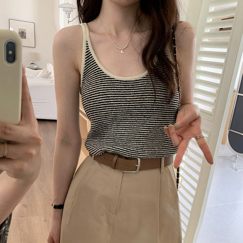 Dopamine tops Free shipping Tattoo Real photo Dopamine unique chic design striped sling vest women's spring and summer new sleeveless top