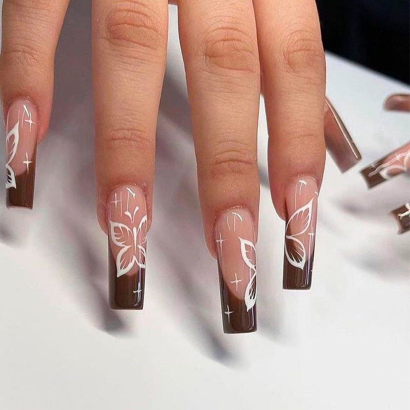 咖色蝴蝶穿戴甲法式nails 跨境美甲片外贸假指甲长梯甲型美甲贴片