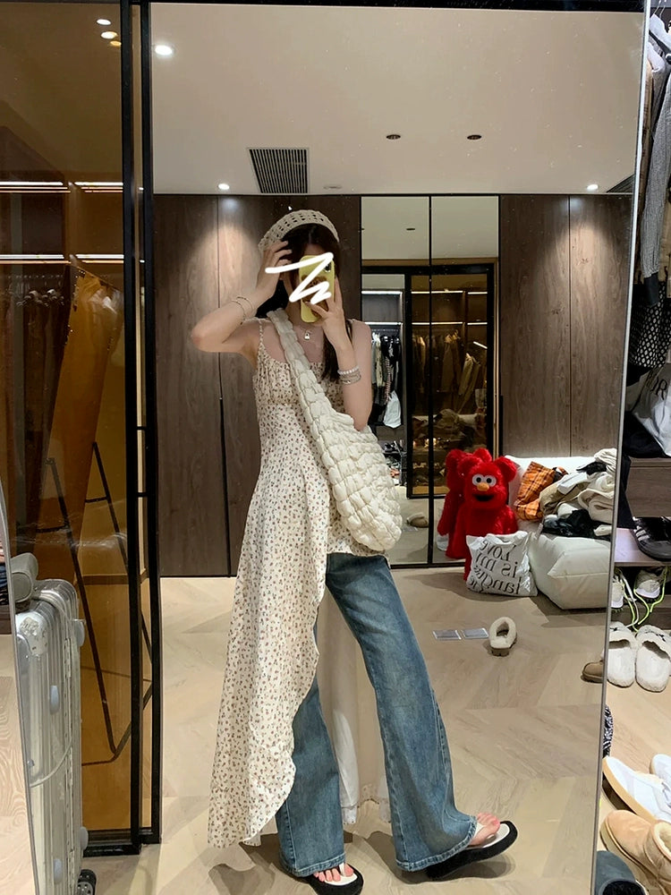 Fashion women's wear Tea Break French Floral Strap Dress Summer 2024 New Early Spring Irregular Niche Design Dress