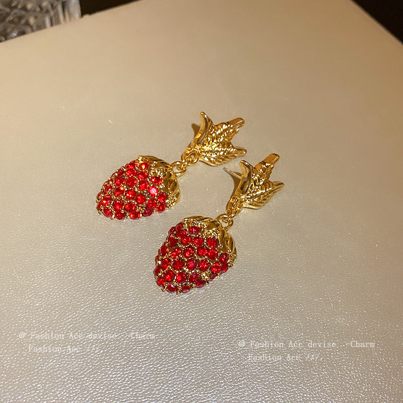 银针复古镶钻叶子草莓耳环时尚气质百搭耳钉中古轻奢小众耳饰批发