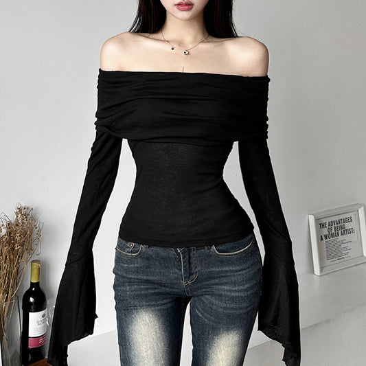 Free shipping Tattoo European and American style 2023 cross-border summer new women's clothing solid color slim fashion one-word collar sexy backless long-sleeved T-shirt tops