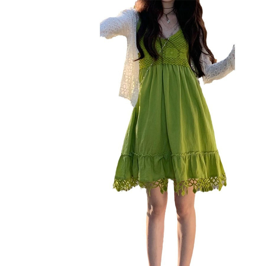 Dopamine dress Free shipping Tattoo Avocado green knitted hollow fringed suspender dress women's summer seaside vacation wind summer dopamine skirt