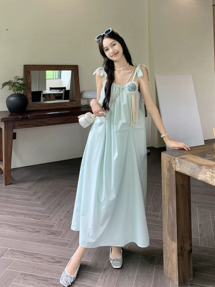 Fashion women's wear Mint Mambo Style French Strap Dress Female Early Spring and Summer Elegant High Sense Sanya Seaside Vacation Long Dress