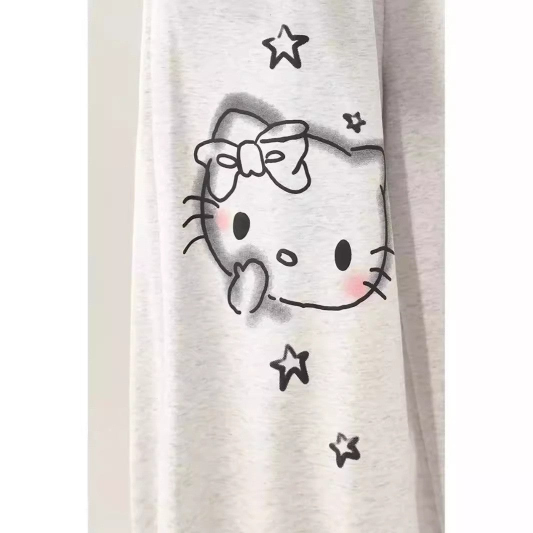 Free shipping Dopamine printed gray casual pants women's new loose and thin straight mopping long pants