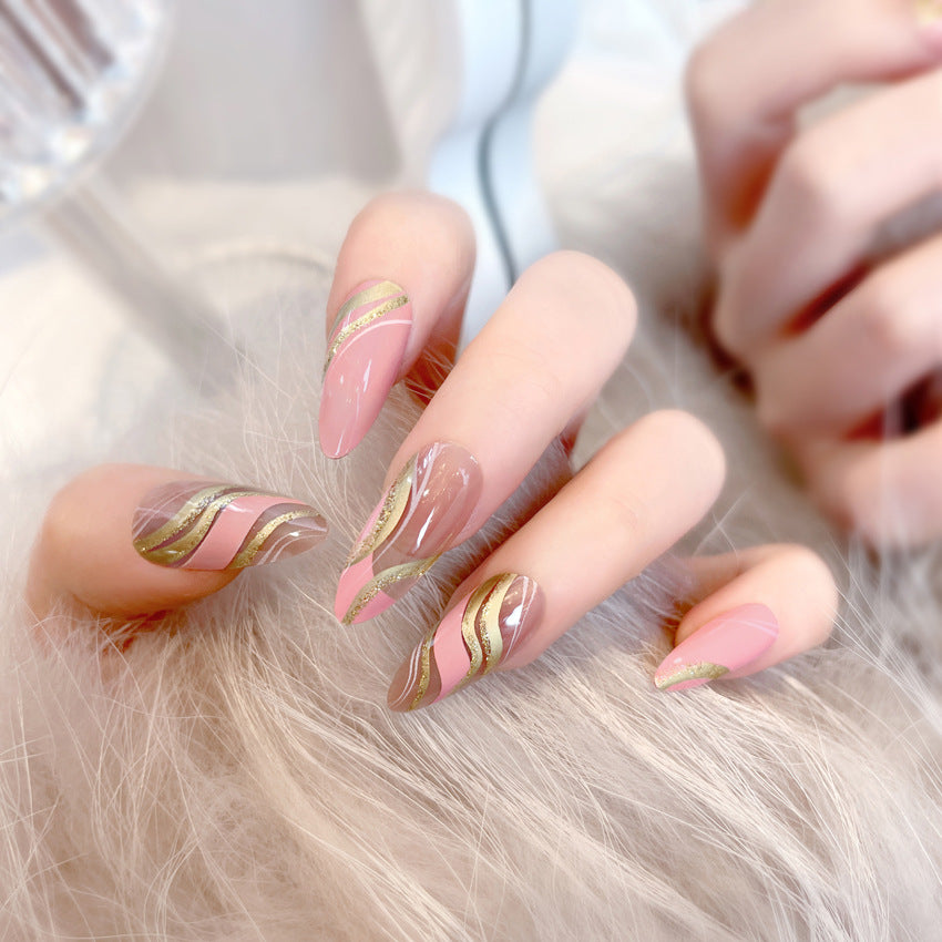 Fashion  nail Pink Barbie Corrugated Long Almond Nail Glitter Hot Girl Ins Style European and American Foreign Trade Nail Tip Wear Nail Tip A60