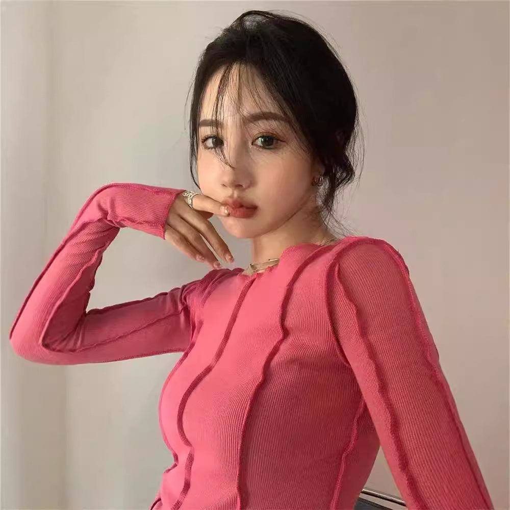 Free shipping women's clothing bright line niche design solid color base T-shirt versatile and thin long sleeves tops