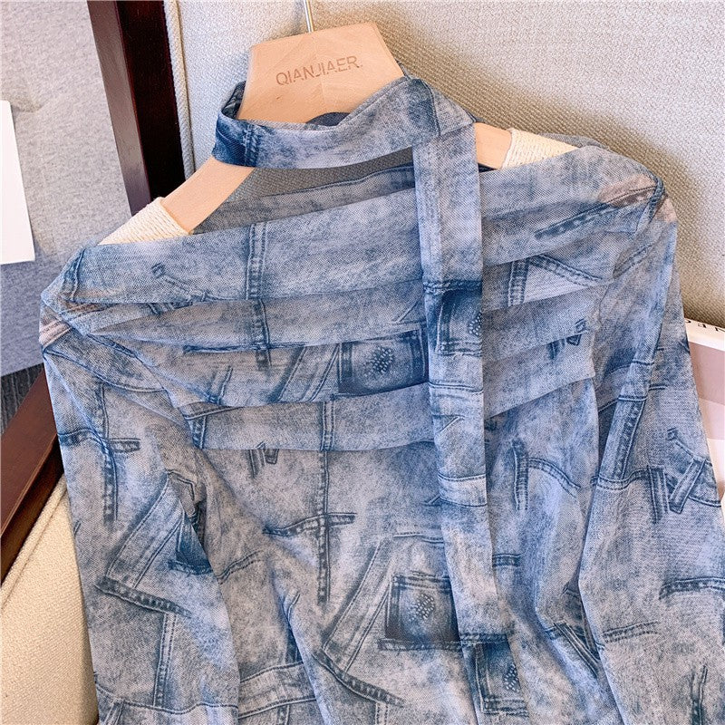Dopamine tops Free shipping Tattoo Vintage tie-dye sweet and cool Spice Girl style shoulder T-shirt women's autumn new fashion pleated irregular long-sleeved top