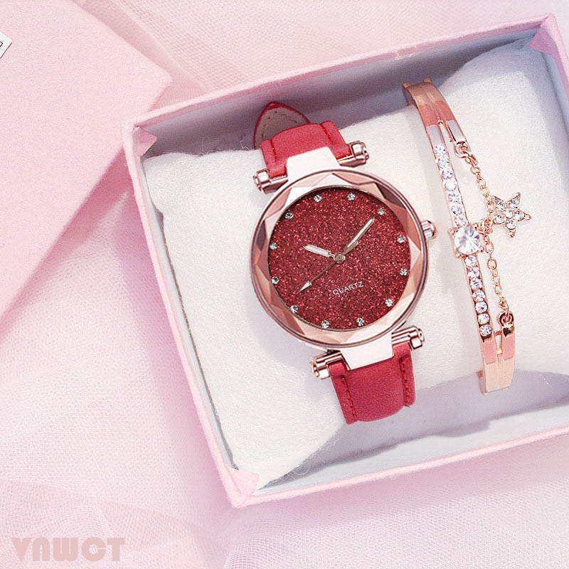 Fashion women's watchForeign Trade Popular Style Silver Pink Rhinestone Face Women's Watch Frosted Leather Watch Strap Women's Casual Trend Two-Piece Set Wrist Watch