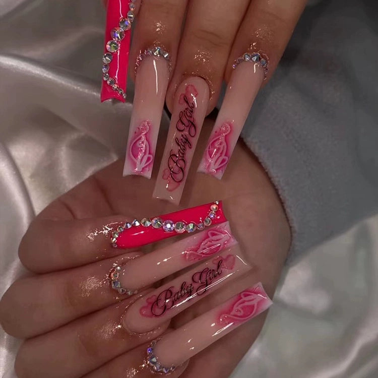 (Hand-made nail) super long hot girl wears nail chips, glitter nail patches, fake nail stickers, and finished products, sexy and exaggerated, European and American style wearables