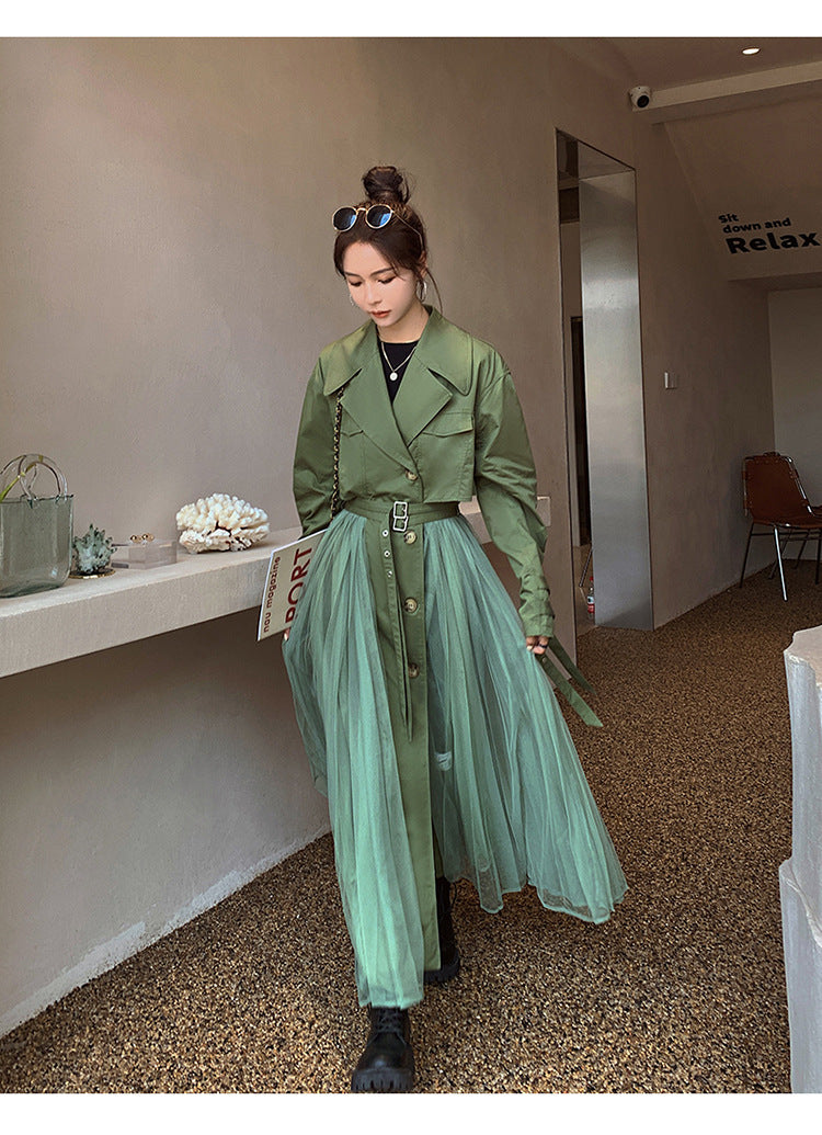 Fashion women's wear A Large Number of in Stock 2024   Purpleflower Holly Leaf Spring and Autumn Trench Coat Women's French Mesh Stitching Casual Temperament Coat