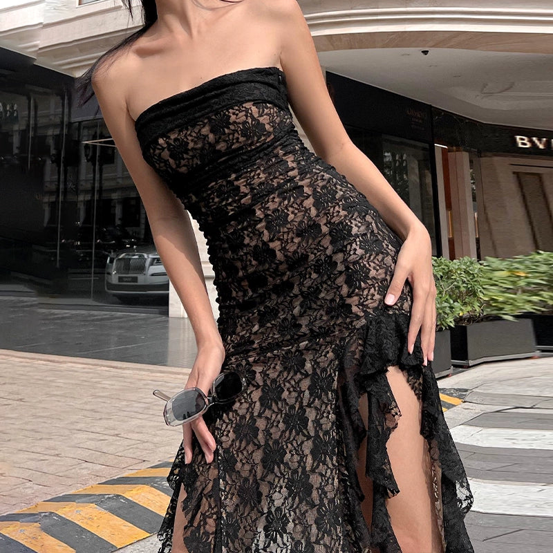 Fashion women's wear Sexy Black Lace Tube Top Dress 2024 Spring and Summer New Hot Girl Slim Slimming Sheath Slit Midi Skirt