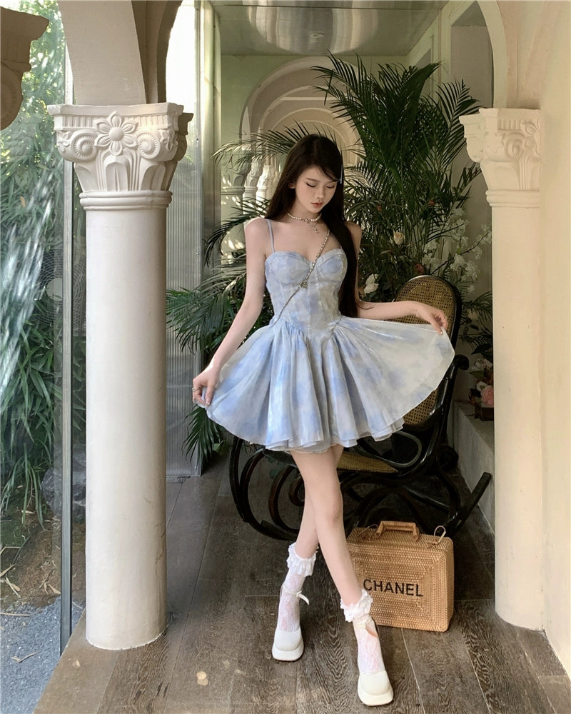 Fashion women's wear Tea Break French Style Fishbone Sling Dress Fairy Birthday Dinner Suit Disney Princess on the Run Bubble Skirt