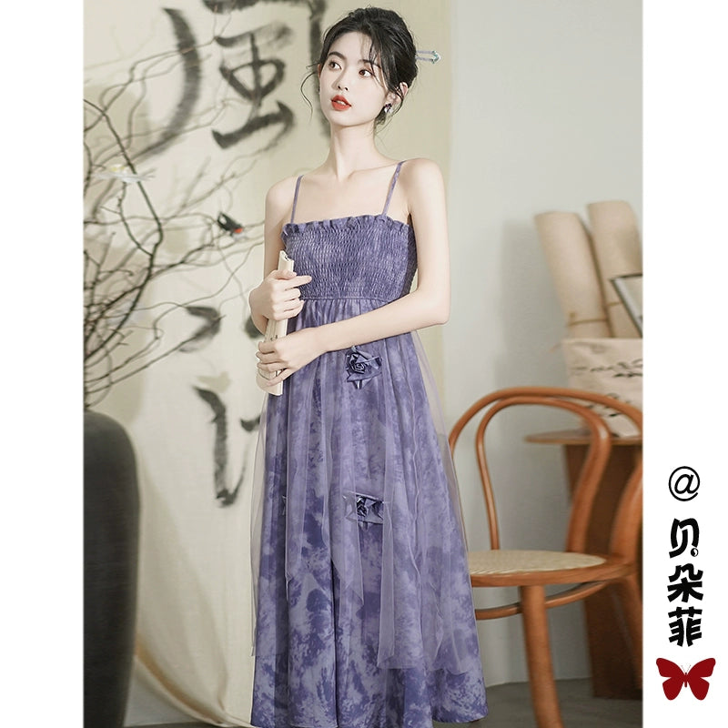 Fashion women's wear New Chinese Style Purple Strap Dress Suit Women's Spring 2024 New Small Fairy Lady Super Fairy Floral Skirt