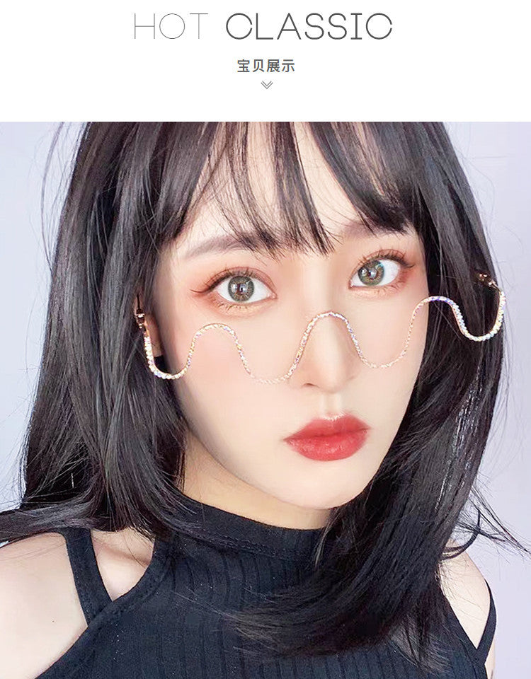 Women's fashion glasses波浪镶钻ins无镜片凹造型网红眼镜框架潮个性装饰线条显瘦素颜镜