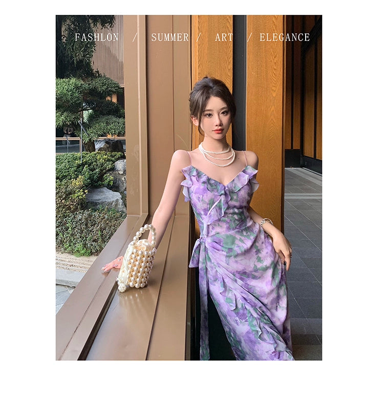 Fashion women's wear Purple Retro Irregular Yunnan Wear Travel Chiffon Floral Strap Dress Seaside Beach Skirt Summer